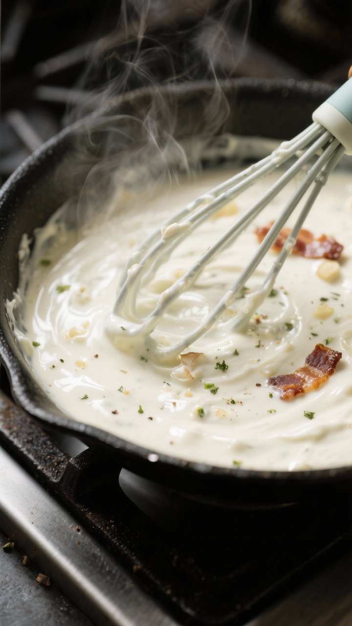 Cooking process: Creamy ranch sauce being whisked in a skillet, fully melted and silky with cream ch