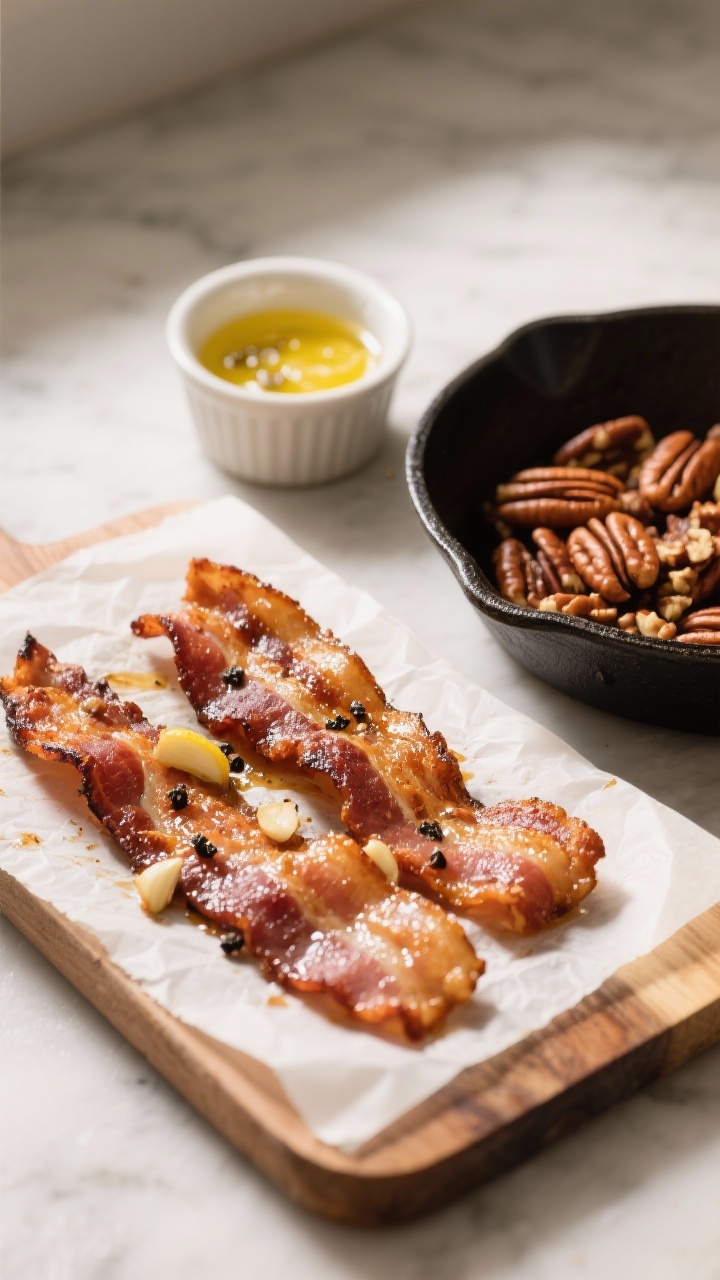 Cooking process: Crisp bacon cooling on a parchment-lined board beside a skillet of freshly toasted 