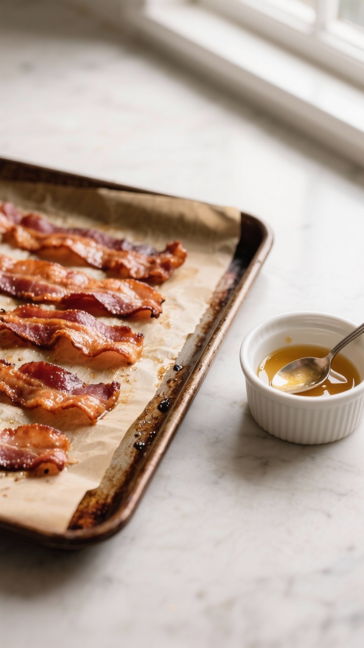Cooking process: Crispy bacon just out of the oven on a parchment-lined sheet pan, deep mahogany edg
