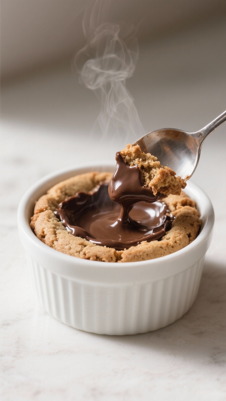 Cooking process: Deep-dish single-serve cookie in a white ramekin just out of the microwave, top set