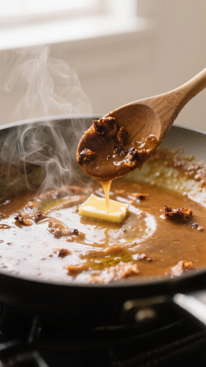 Cooking process: Deglazing moment captured—sauce after vodka has reduced, wooden spoon scraping up