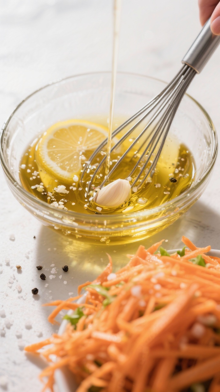 Cooking process: Dressing being whisked in a clear glass mixing bowl—golden extra-virgin olive oil