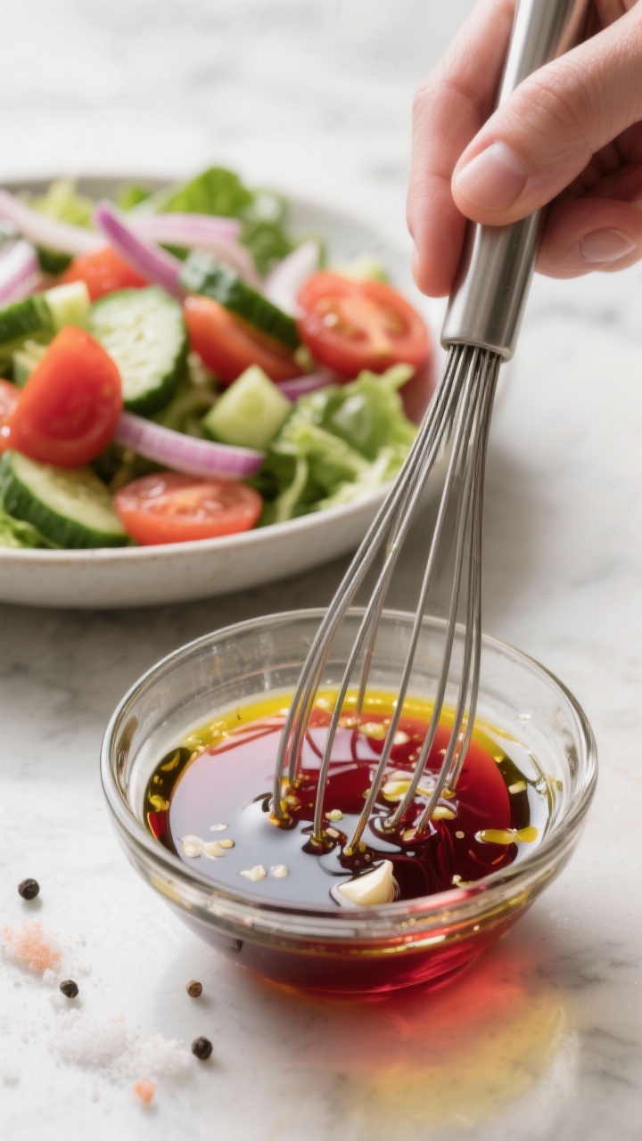 Cooking process: Dressing being whisked in a small glass bowl beside the prepared salad, showing a s