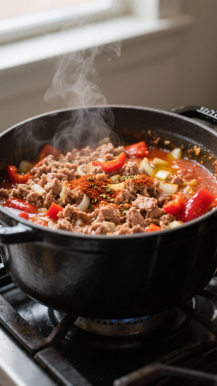 Cooking process: Dutch oven on stovetop with ground turkey browned and crumbled, onions and red bell