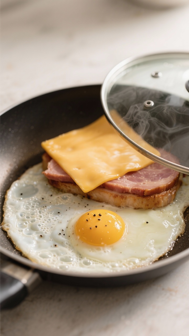 Cooking process: Egg cooking sunny-side up in the same skillet beside finished Taylor ham, American