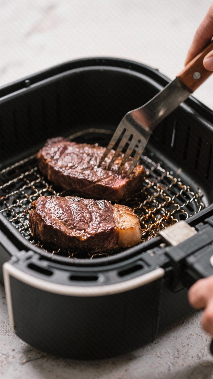 Cooking process: Filet mignon in an air fryer basket mid-cook after flipping—two