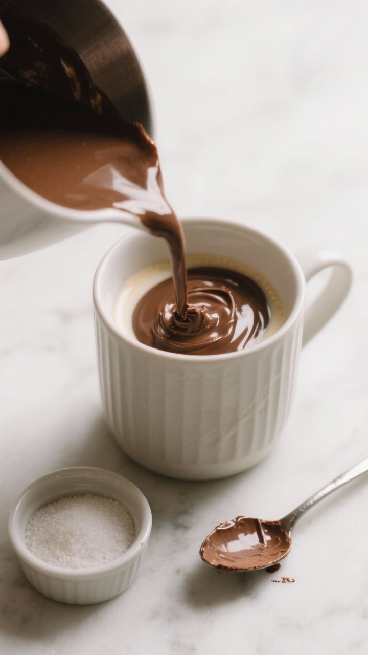 Cooking process: forming the cocoa-sweetener paste in a mug—smooth, glossy paste in the bottom wit