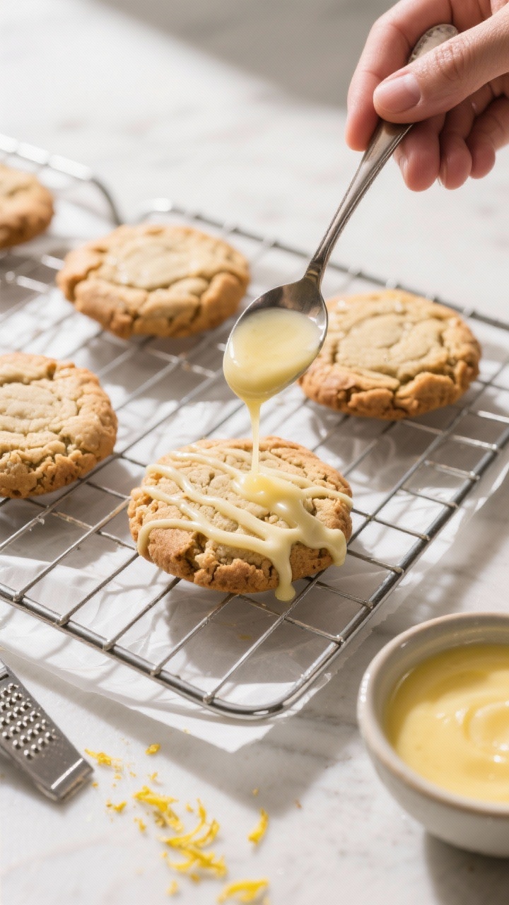 Cooking process: Freshly baked cookies cooling on a wire rack lined with parchment, drizzle being ap
