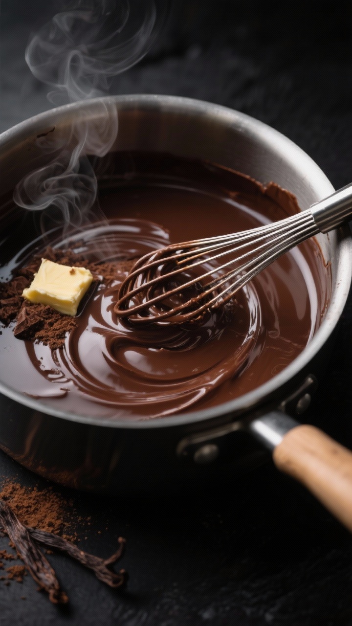 Cooking process — glossy chocolate base: Close-up of a saucepan of just-melted unsweetened chocola