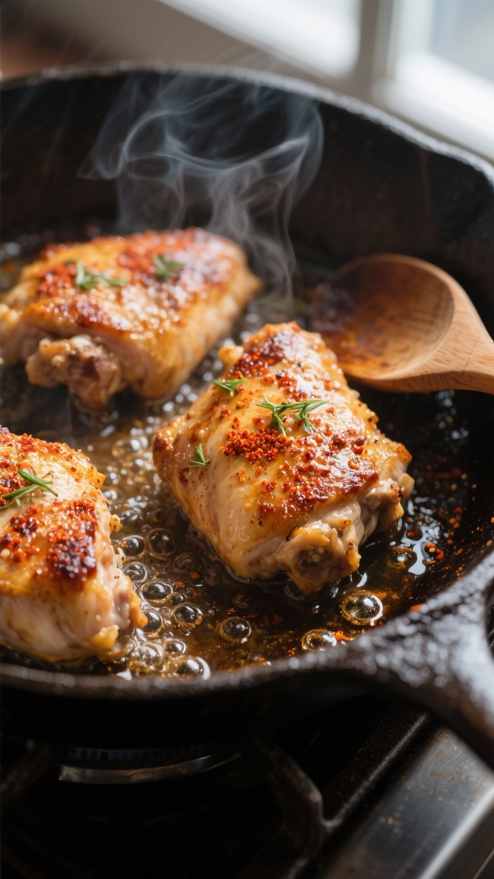 Cooking process: Golden pan-seared chicken thighs in a cast-iron skillet mid-sizzle, seasoning rubbe