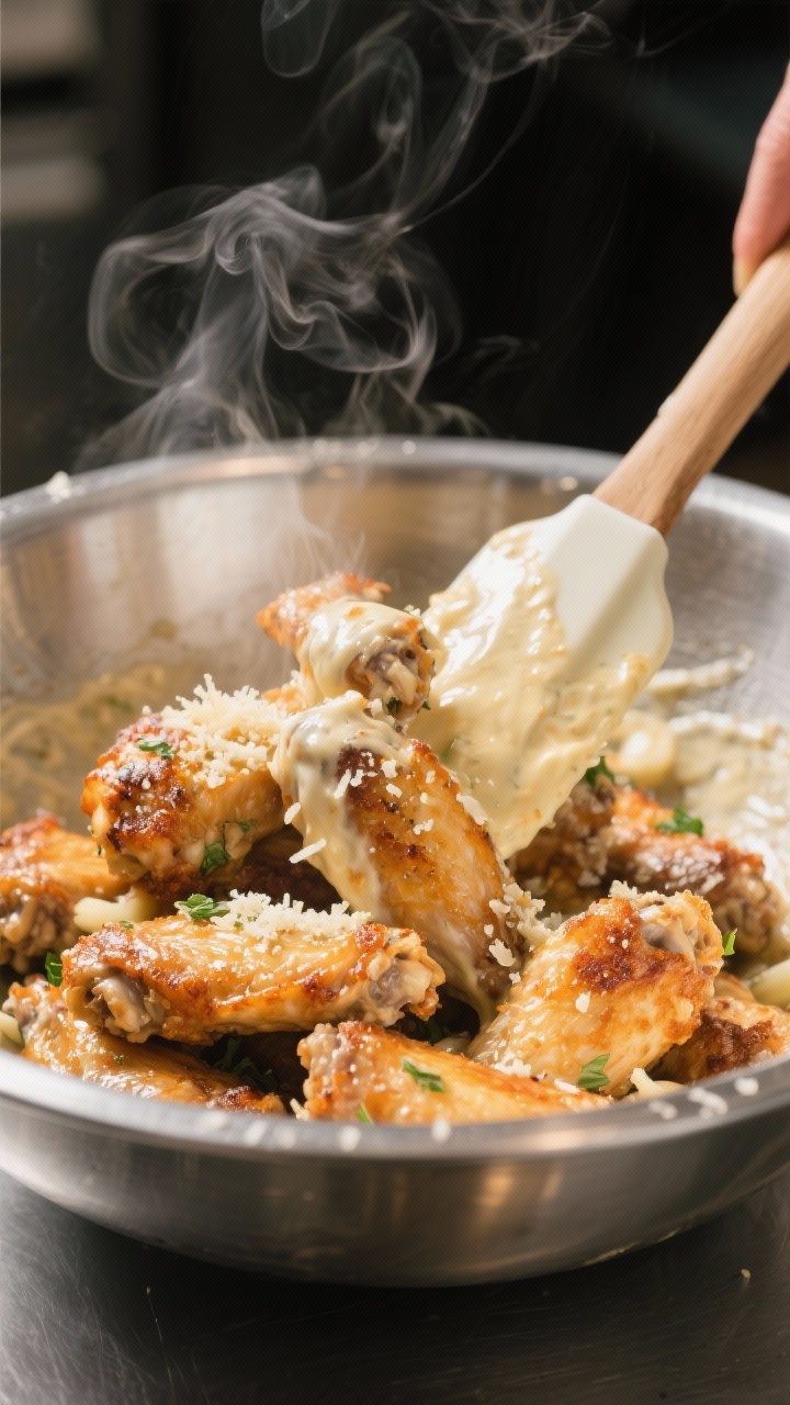Cooking process: Hot crispy baked chicken wings in a stainless-steel mixing bowl being tossed in the