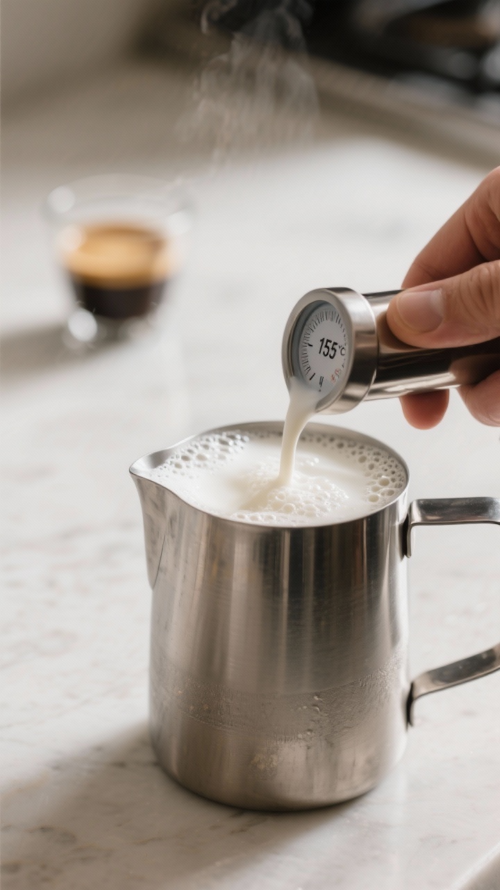 Cooking process: Hot milk being frothed to glossy microfoam in a stainless steel pitcher, tiny tight