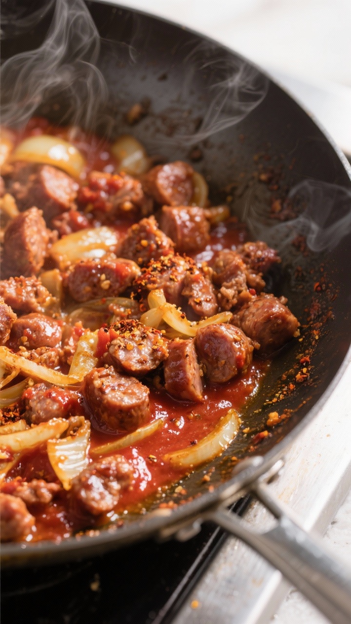 Cooking process: Italian sausage and onion sizzling in a wide stainless skillet, deeply browned crum