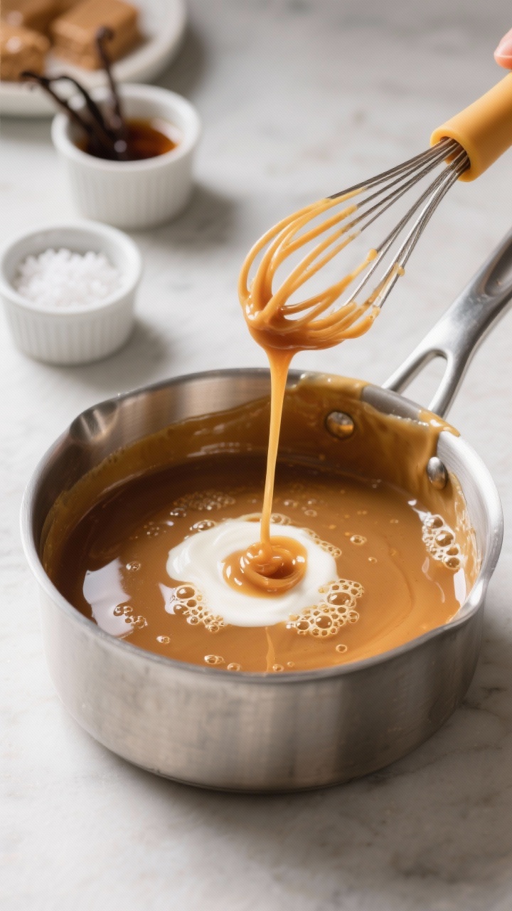 Cooking process: Keto caramel sauce in mid-simmer in a heavy-bottomed stainless saucepan, captured a
