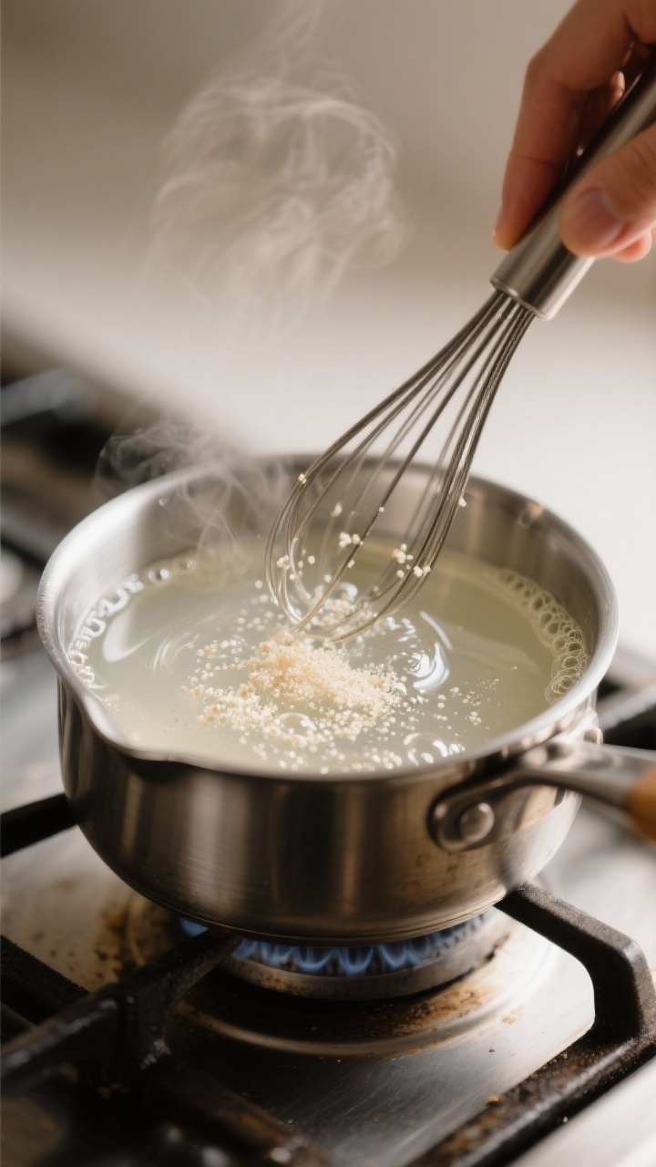 Cooking process — Keto simple syrup being whisked in a small stainless saucepan over gentle steam 