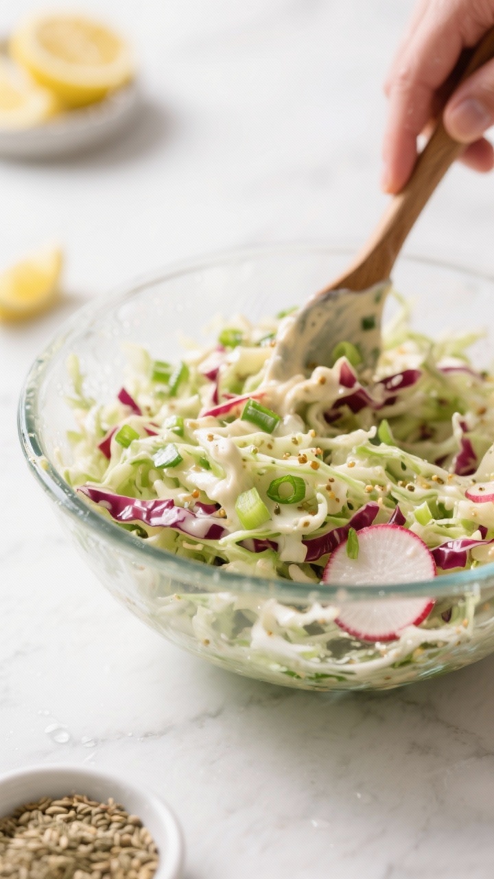 Cooking process: Large glass bowl of freshly tossed keto coleslaw with dressing being folded through