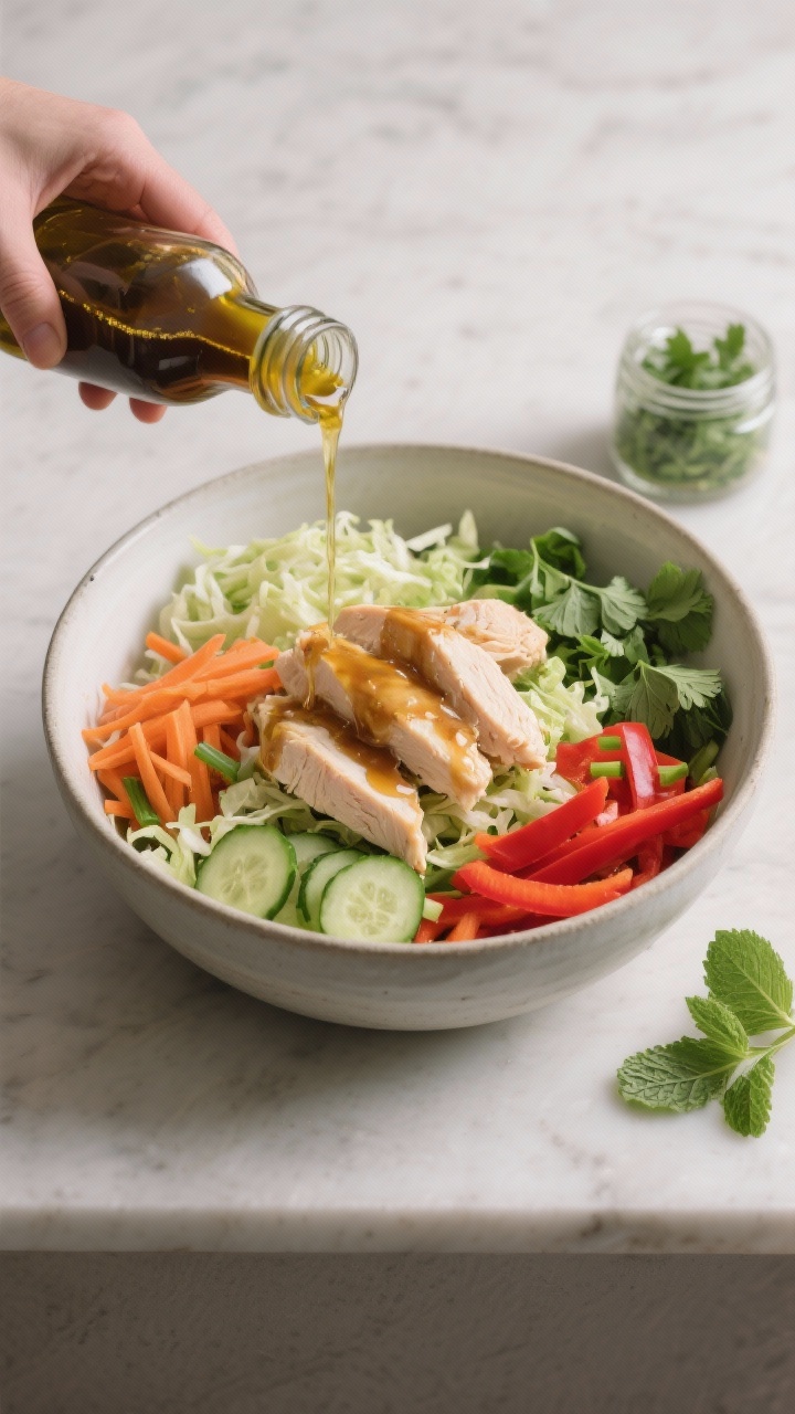 Cooking process: Large mixing bowl with prepped salad being combined—dressed chicken poured over c