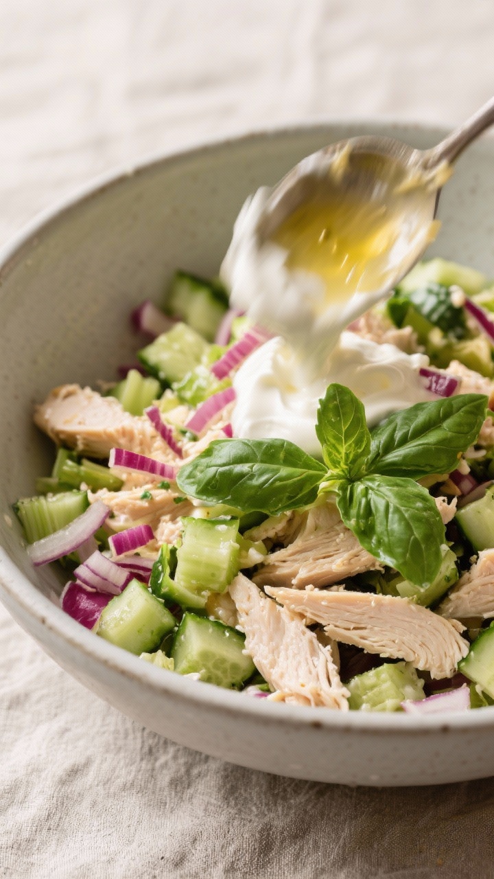Cooking process: Lemon Basil Chicken Salad being combined in a large mixing bowl—dressing (Greek y