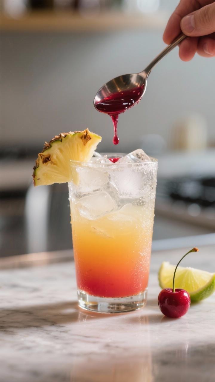 Cooking process: Malibu Bay Breeze being assembled—cranberry juice gently poured over the back of