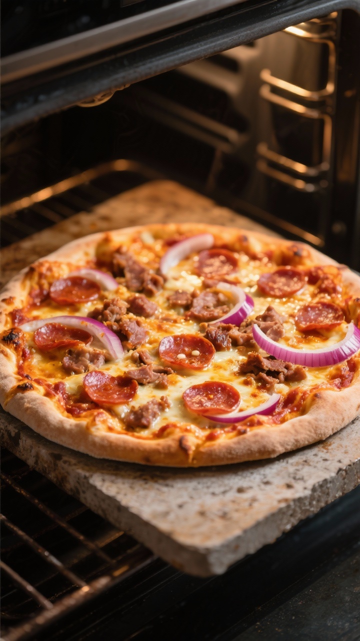 Cooking process: Meatzza Pizza mid-bake on a preheated pizza stone, overhead shot through the open o