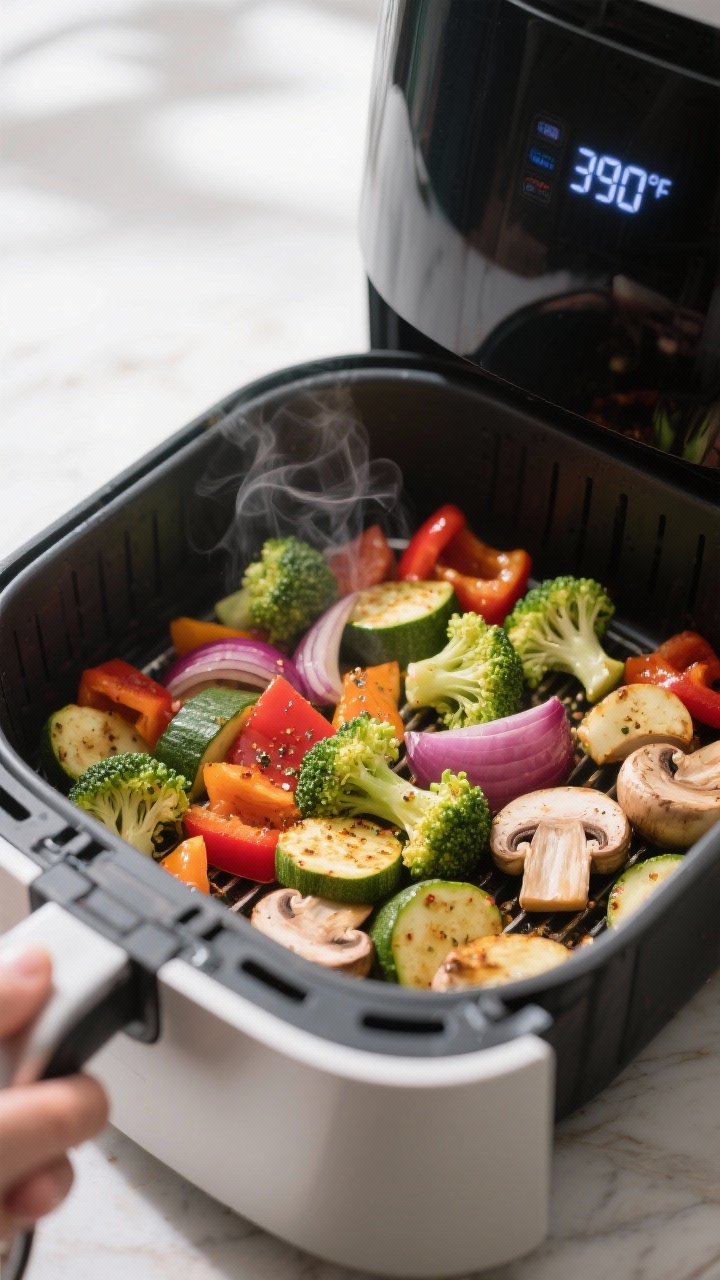 Cooking process: Mixed seasoned vegetables (broccoli florets, bell pepper chunks, red onion wedges, 