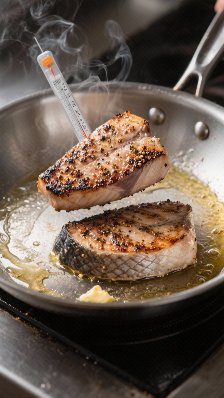 Cooking process moment: Flip-and-finish scene of a swordfish steak mid-turn in a heavy stainless pan