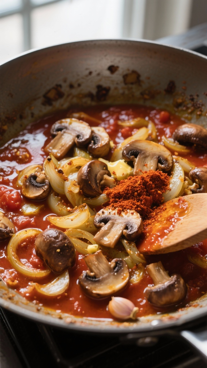 Cooking process — Mushroom-onion base and sauce build: Golden sautéed onions and deeply browned c