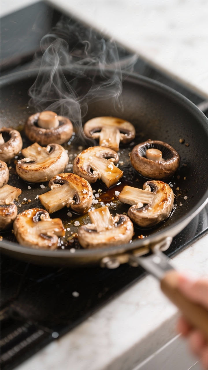 Cooking process: Mushrooms searing in a single layer in a stainless skillet over medium-high heat, m