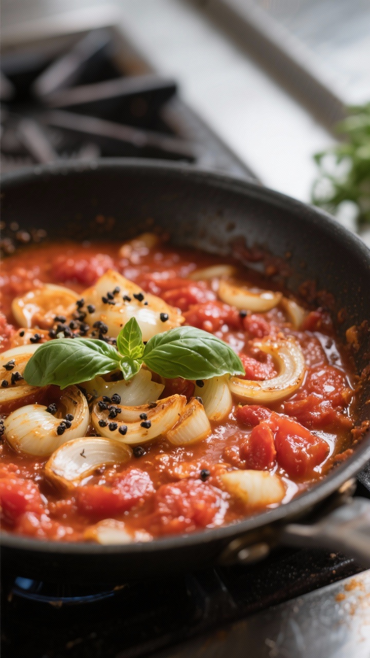 Cooking process: Onions and garlic just after tomato paste has been caramelized into the base, then 