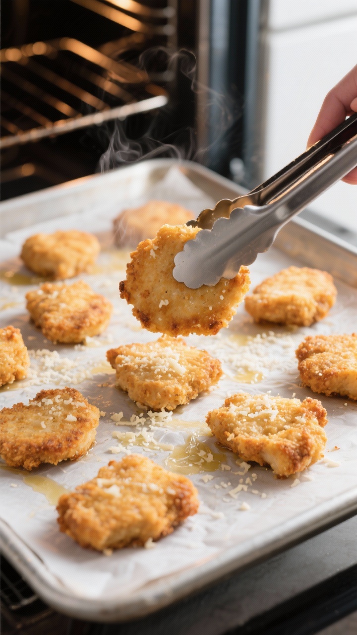Cooking process: Oven-baked Chicken Nuggets THM S mid-cook on a parchment-lined sheet pan at 425°F,