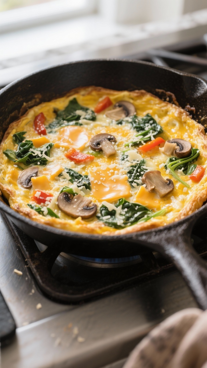 Cooking process: Oven-baked frittata in a 10-inch cast-iron skillet just pulled from the oven at 375