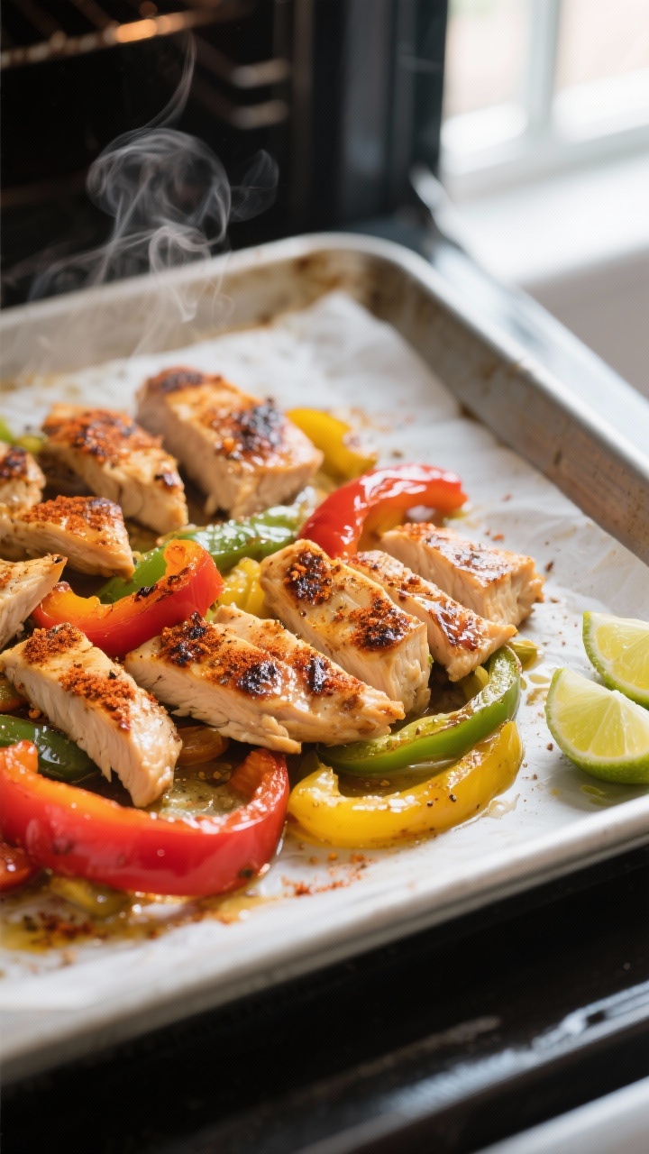 Cooking process, oven-roasted: Sheet pan baked chicken fajitas just out of the oven at 425°F, close