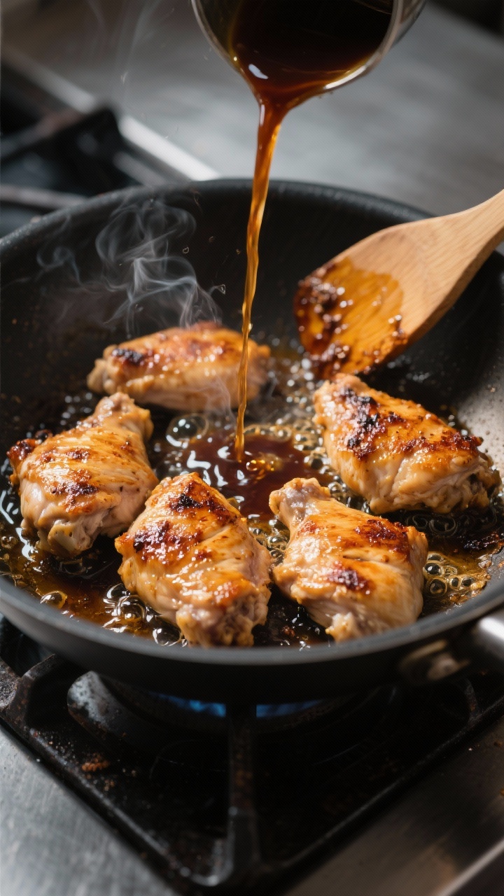 Cooking process: Over-the-pan action shot of searing chicken thigh pieces in a large skillet, golden
