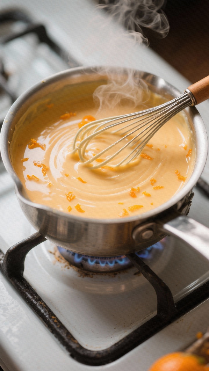 Cooking process: Over-the-saucepan shot of the warm orange-cream mixture just after the gelatin has