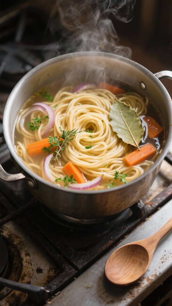 Cooking process: Over-the-shoulder pot shot of noodles cooking directly in the simmering broth, capt