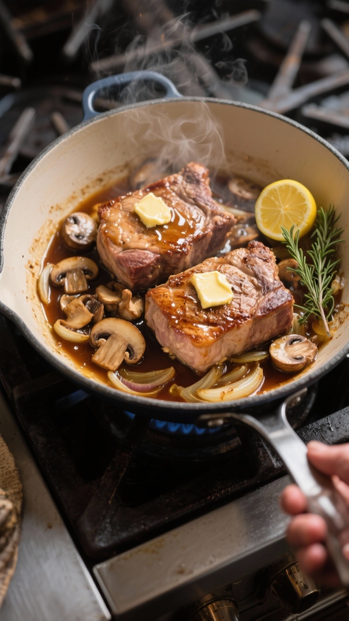 Cooking process: Over-the-stove action shot of stuffed pork chops nestled back into a large oven-saf