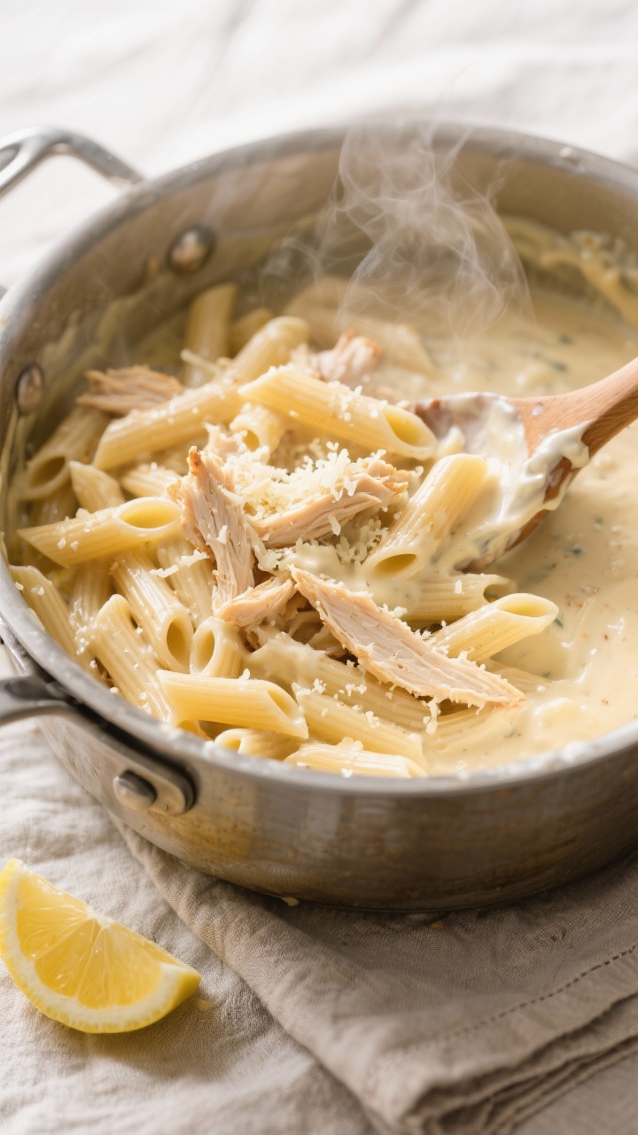 Cooking process: Overhead shot as the par-cooked penne and juicy shredded rotisserie chicken are fol