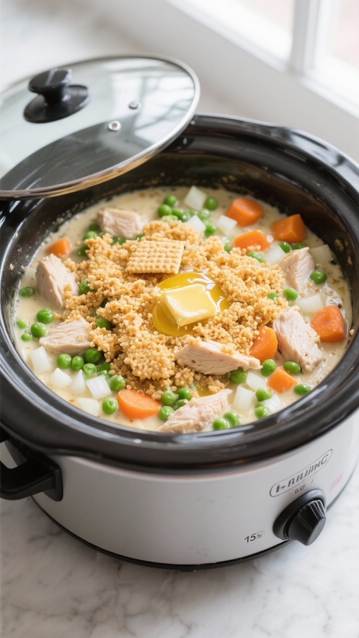 Cooking process: Overhead shot inside the crock pot during the final 15 minutes with the optional bu