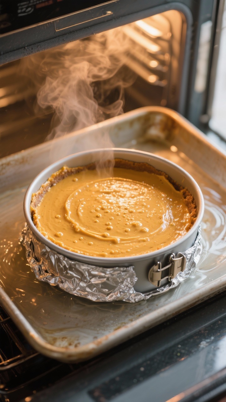 Cooking process: Overhead shot of a 9-inch springform pan filled with pumpkin cheesecake batter just