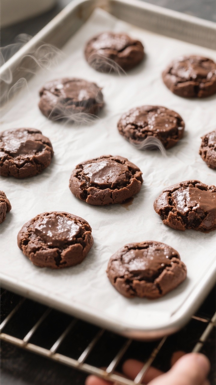 Cooking process: Overhead shot of a baking sheet fresh from the oven with evenly spaced brownie cook
