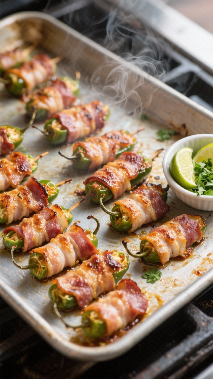 Cooking process: Overhead shot of a baking sheet fresh from the oven with rows of bacon jalapeno pop