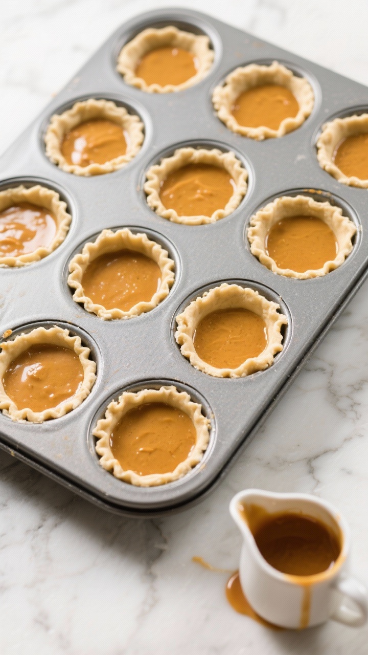 Cooking process: Overhead shot of a greased 12-cup muffin tin filled with chilled pie crust rounds p