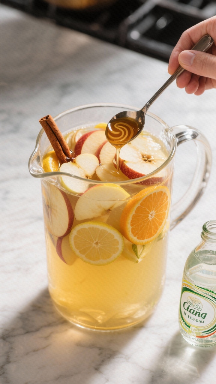 Cooking process: Overhead shot of a large clear pitcher filled with the prepared sangria after resti