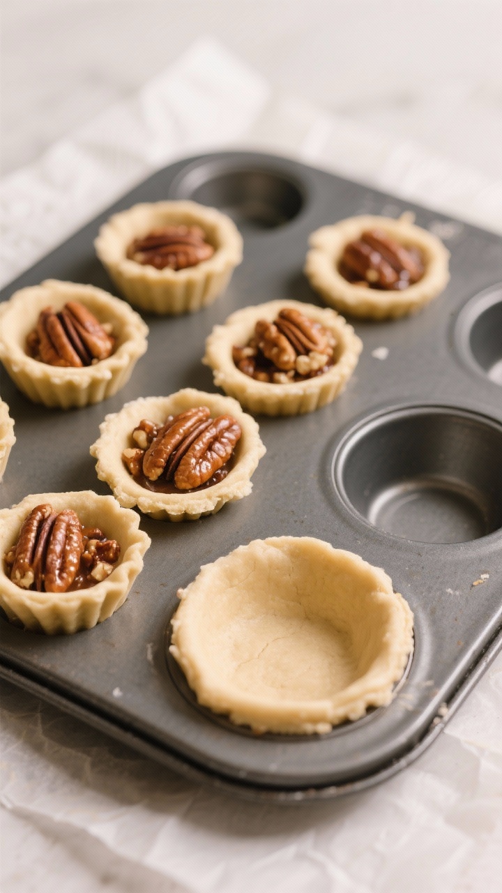 Cooking process: Overhead shot of a mini muffin pan filled with evenly pressed dough shells and prec