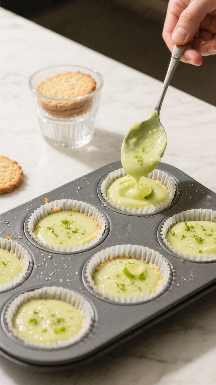 Cooking process: Overhead shot of a muffin pan lined with parchment cups as the silky lime filling i
