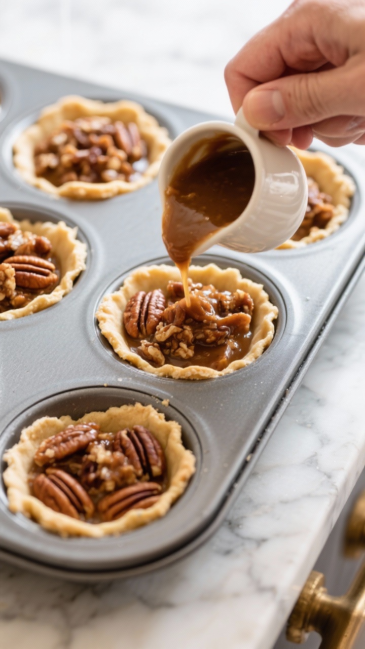 Cooking process: Overhead shot of a muffin tin filled with chilled pie crust shells being filled 3/4