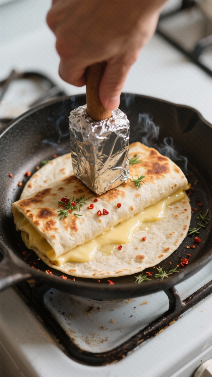Cooking process: Overhead shot of a panini in a skillet being pressed with a foil-wrapped brick; tor