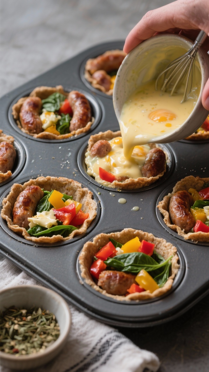 Cooking process: Overhead shot of a par-baked muffin tin filled with sausage “cups,” excess fat 