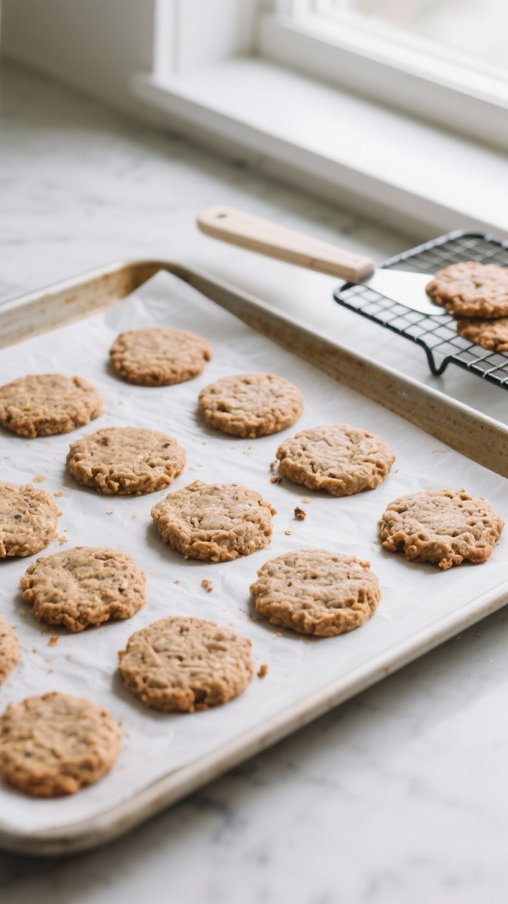 Cooking process: Overhead shot of a parchment-lined baking sheet just out of the oven with uniformly