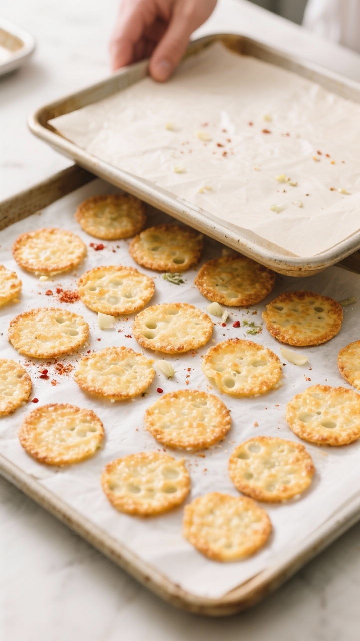 Cooking process: Overhead shot of a parchment-lined baking sheet just out of the oven, showing evenl